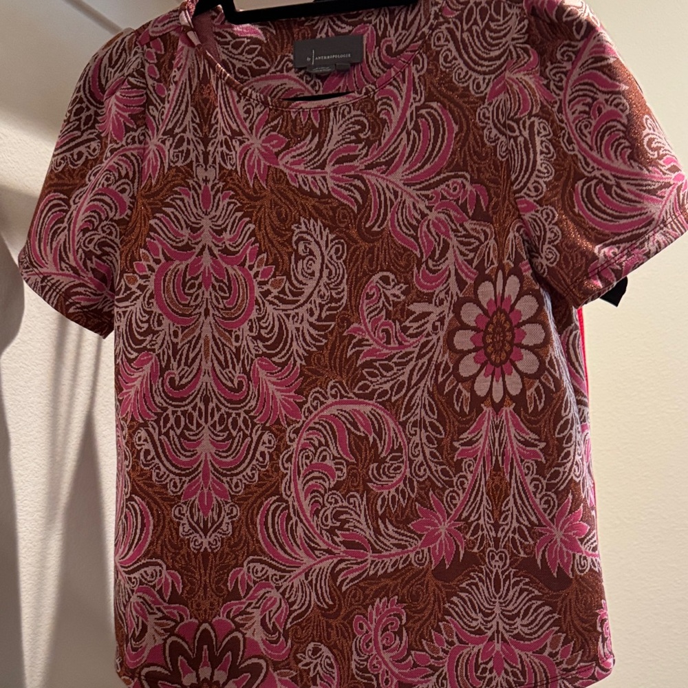 Anthropologie Pink and Brown Patterned Short Sleeve Top